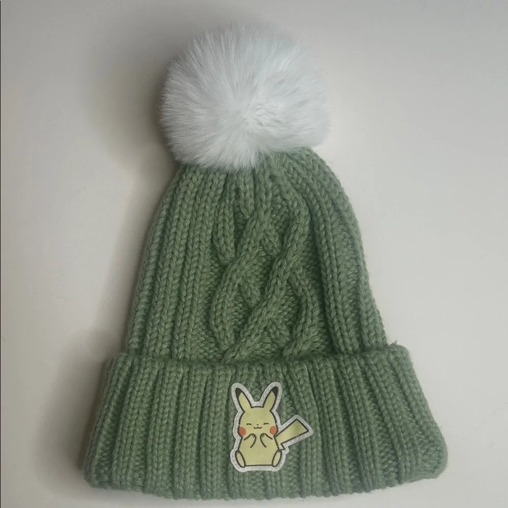 Youth Pokémon Pikachu Green and White Cable Knit Beanie with Pom Pom, Sz. OSFM